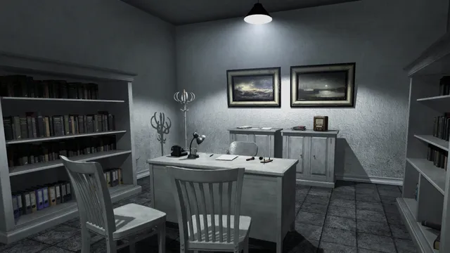 Rise of Insanity: a psychologist's office with bookshelves, a desk and two chairs under a hanging lamp