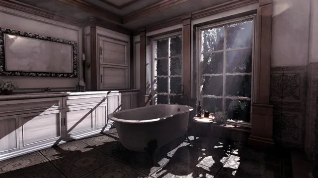 Rise of Insanity: a grand old bathroom with a clawfoot tub and frosted windows