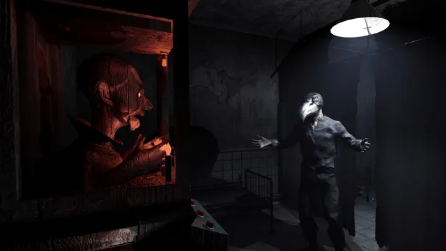 Rise of Insanity: a pale figure in a dark cell spreads its arms under a single lamp, beside a red-lit wooden puppet