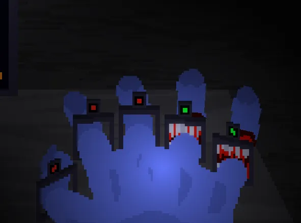 A blue hand clamped on a table under a row of small guillotines, two fingers already cut and bleeding