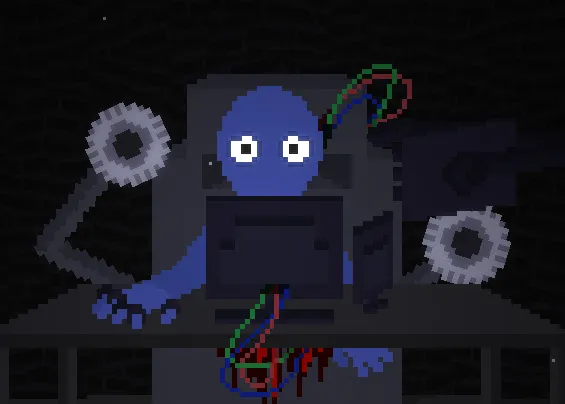 The blue game host with wide white eyes sits behind a machine with gears and tangled wires, blood dripping below