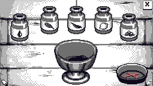 Ritual Bound screenshot: a shelf of labelled jars above an empty stone bowl for mixing incense