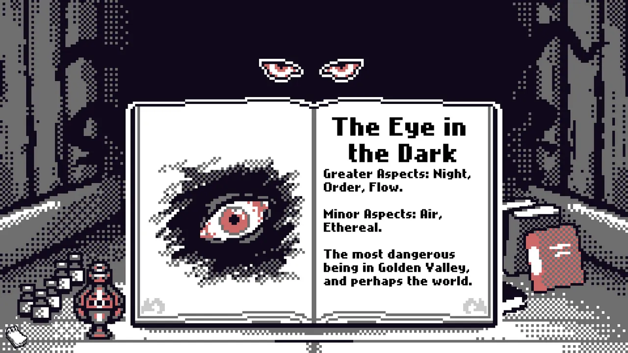 Ritual Bound screenshot: an open book describing The Eye in the Dark as the most dangerous being in Golden Valley, with red eyes watching from the darkness above