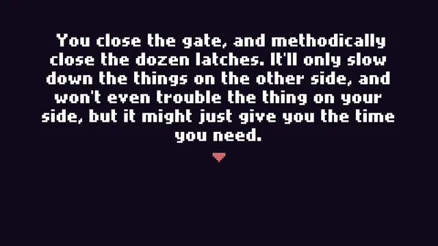Ritual Bound screenshot: opening text about closing a gate and its dozen latches, which will only slow the things on the other side
