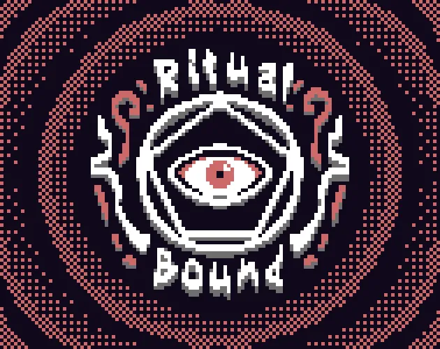 Ritual Bound cover: a white pixel-art eye inside a pentagram and circle, ringed by red tendrils, on a dark red dotted background