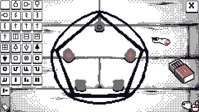 Ritual Bound screenshot: a chalk pentagram on stone with rune slots, a grid of runes to choose from, matches and a candle