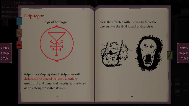 Ritus Exorcismus screenshot: the Exorcism Book open at the sigil of Belphegor, whose sign is a host's mouth dislocated and stretched, with a sketch of a screaming face