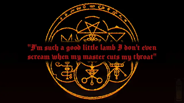 Ritus Exorcismus screenshot: a burning demonic sigil circle behind red gothic text in which the demon mocks its victim