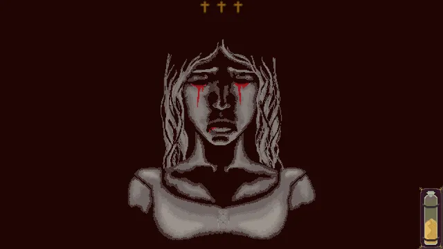 Ritus Exorcismus screenshot: a pixel-art portrait of a possessed woman weeping blood, three crosses above her and a holy water vial gauge in the corner