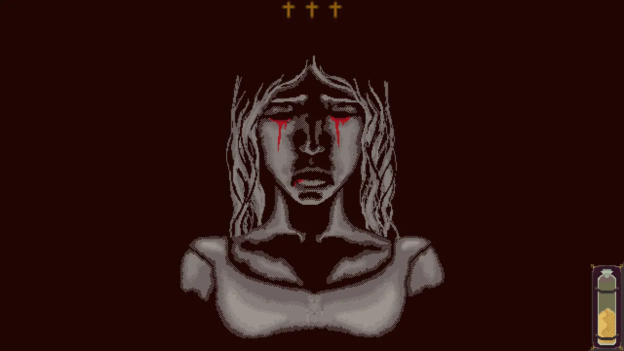 Ritus Exorcismus screenshot: a pixel-art portrait of a possessed woman weeping blood, three crosses above her and a holy water vial gauge in the corner