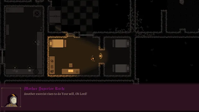 Ritus Exorcismus screenshot: the priest stands in a candlelit abbey cell seen from above as Mother Superior Ruth says another exorcist rises to do the Lord's will