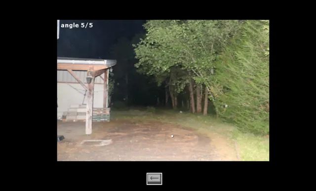 ROAM0120.exe screenshot: angle 5 of 5, a dirt yard beside a shed at the edge of dark trees at night