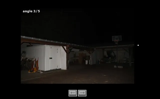 ROAM0120.exe screenshot: angle 3 of 5, a flash-lit carport and shed at night with arrows to move between views