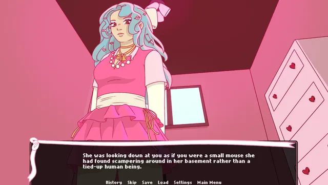 Gabriela looks down in a pink basement; the text says she sees you as a mouse rather than a tied-up human being