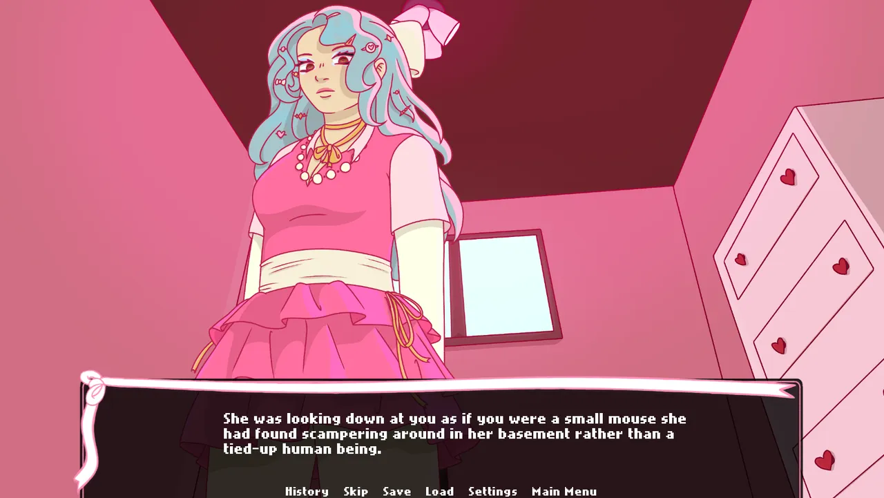 Gabriela looks down in a pink basement; the text says she sees you as a mouse rather than a tied-up human being