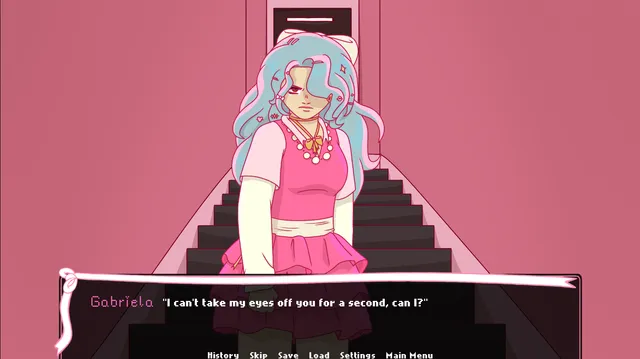 Gabriela at the bottom of the basement stairs saying I can't take my eyes off you for a second, can I