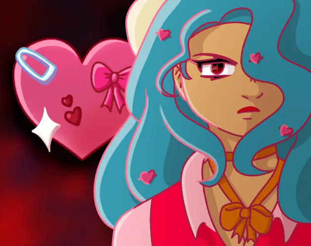 Rose Colored Cover art: Gabriela, a girl with long blue hair and red eyes, glares beside a glossy pink heart with a bow