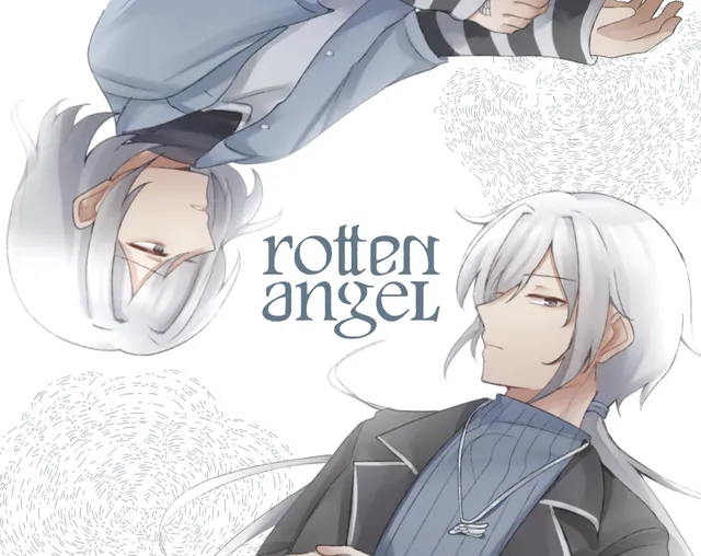 rotten angel cover: two pale-haired anime-style brothers, one upside down, around the title on white