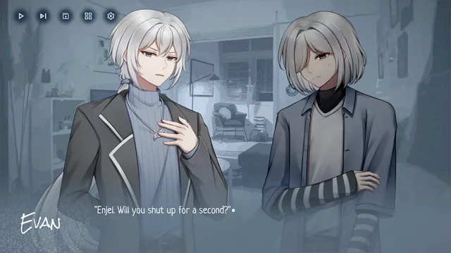 rotten angel screenshot: the white-haired twins in a dim grey living room as Evan snaps at Enjei to shut up