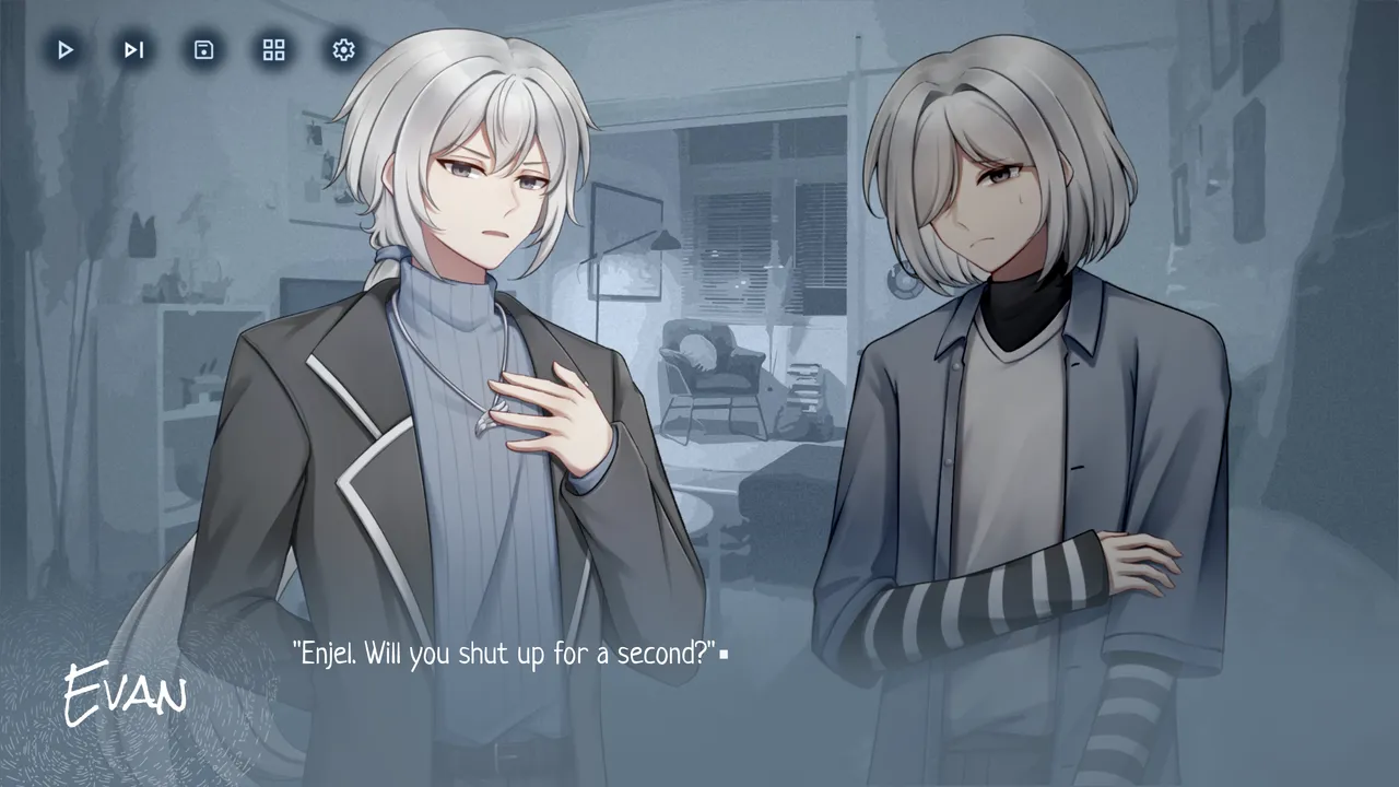 rotten angel screenshot: the white-haired twins in a dim grey living room as Evan snaps at Enjei to shut up