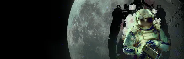 ROUTINE key art: a cosmonaut in a pale spacesuit holding the boxy C.A.T. device, framed by white flowers and a dark robot silhouette in front of a large full moon