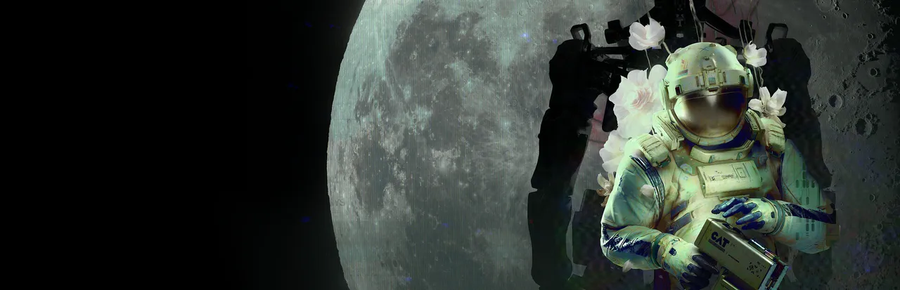 ROUTINE key art: a cosmonaut in a pale spacesuit holding the boxy C.A.T. device, framed by white flowers and a dark robot silhouette in front of a large full moon