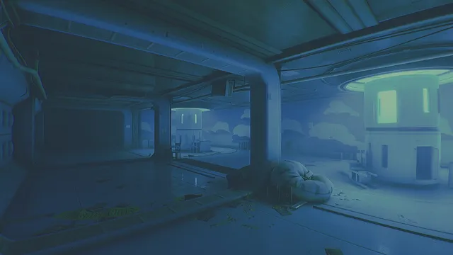A blue-lit abandoned mall inside the base, its walls painted with clouds and sky