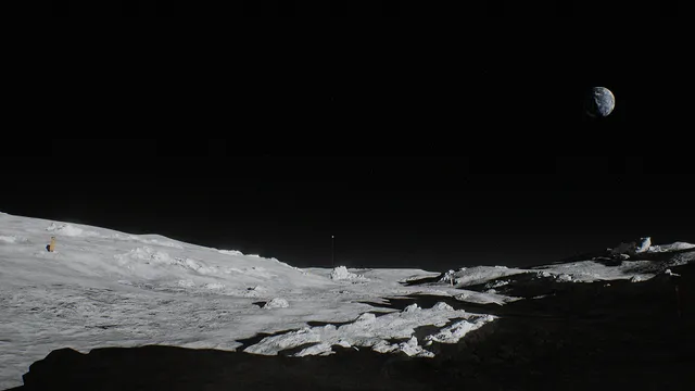 The grey surface of the Moon under a black sky with the Earth small on the horizon