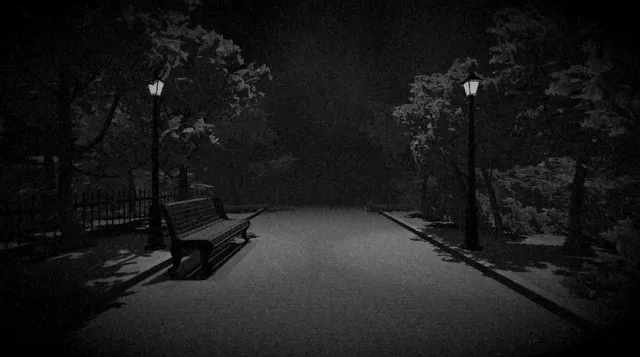 Run to Nowhere screenshot: a grainy black-and-white path at night with a bench, railings and two lamps