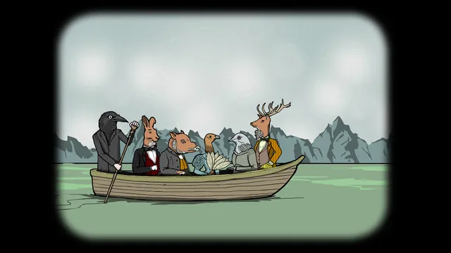 A crow-headed boatman rows the animal-headed guests across the lake to the hotel