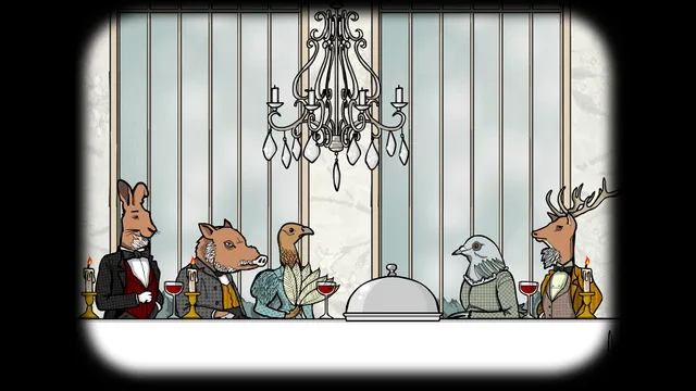 The five animal-headed guests sit at a long dinner table under a chandelier, a covered dish in the middle