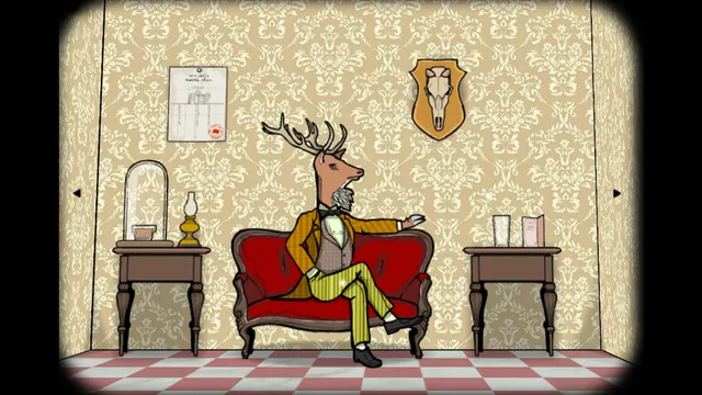 A deer-headed guest in a striped suit lounges on a red sofa in his hotel room