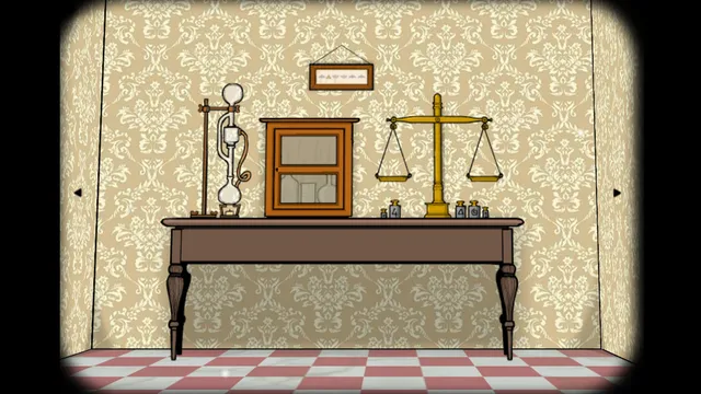 A table with a chemistry set, a wooden cabinet and brass scales, part of a room's puzzle