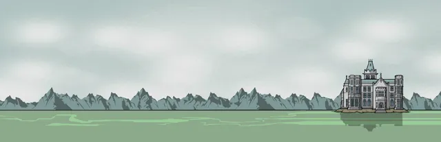 Rusty Lake Hotel: the grey gothic hotel on an island in a still green lake, with mountains behind