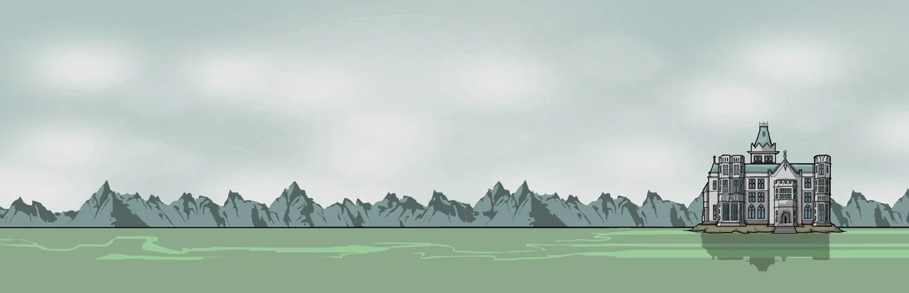 Rusty Lake Hotel: the grey gothic hotel on an island in a still green lake, with mountains behind