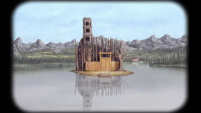 Rusty Lake Paradise screenshot: a tall tower behind a wooden palisade on a small island in a misty lake