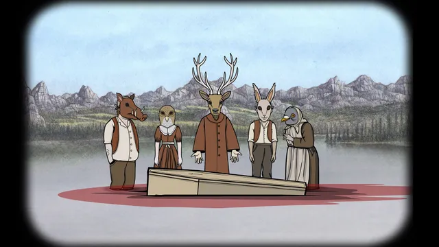 Rusty Lake Paradise screenshot: five family members in boar, owl, stag, hare and bird masks stand around a coffin in a pool of red water