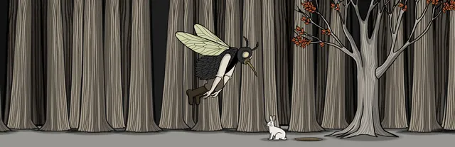 Rusty Lake Paradise art: a beaked figure with insect wings hovers in a pale forest above a white rabbit