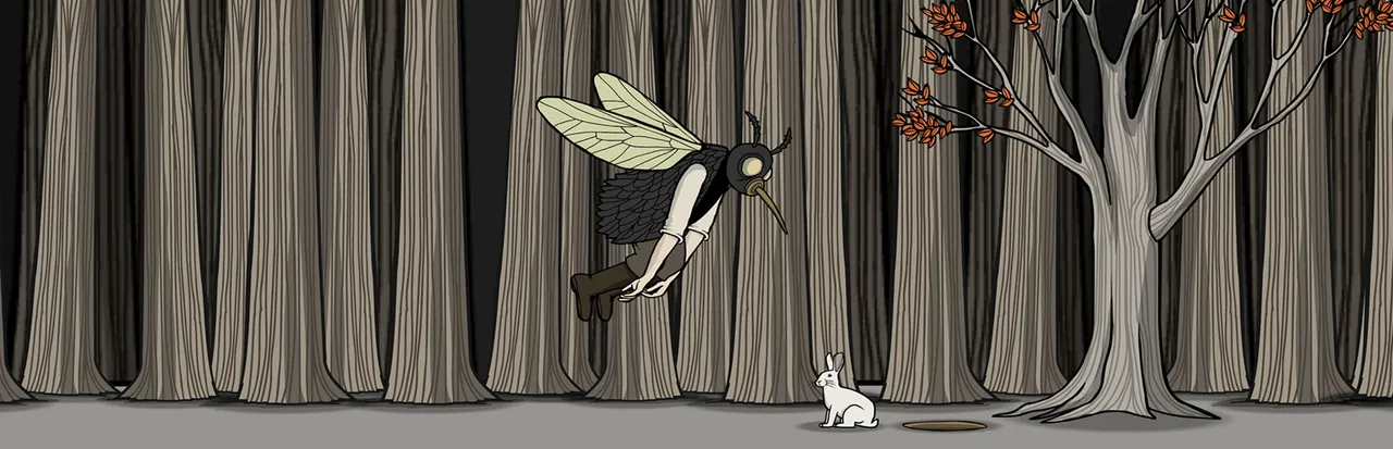 Rusty Lake Paradise art: a beaked figure with insect wings hovers in a pale forest above a white rabbit