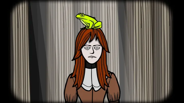 Rusty Lake Paradise screenshot: a pale red-haired woman stares ahead with a green frog sitting on her head