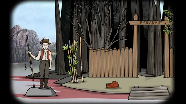 Rusty Lake Paradise screenshot: a man in a hat holds a fishing rod beside a wooden gate marked Paradise, the shore stained red