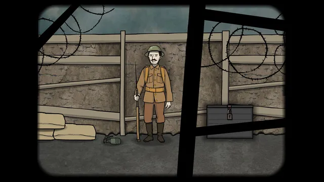 Rusty Lake: Roots screenshot: a soldier with a rifle in a trench behind barbed wire