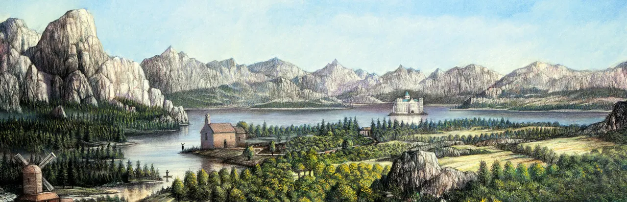 Rusty Lake: Roots key art: a painted valley with a lake, mountains, a castle and a church