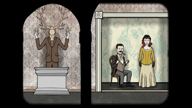 Rusty Lake: Roots screenshot: a figure with a stag skull for a head on a plinth beside a seated couple in Victorian dress