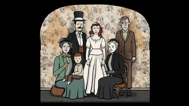 Rusty Lake: Roots screenshot: a family portrait of the Vanderbooms in old-fashioned dress