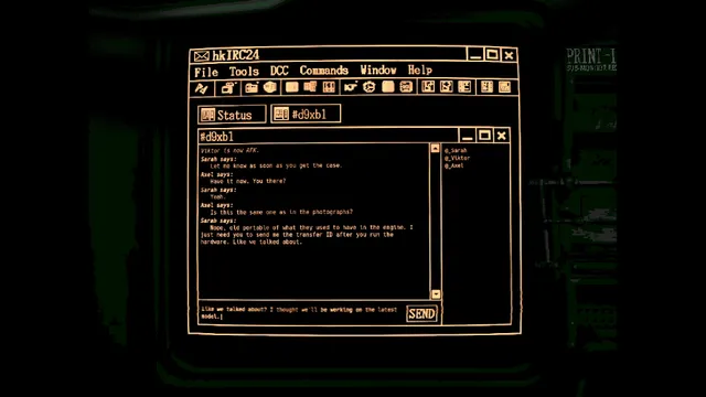An amber IRC chat window where the crew discusses the job