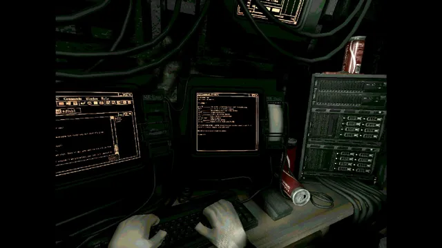 First-person hands on a keyboard before a cluttered desk of amber terminal screens and drink cans