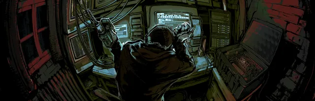 s.p.l.i.t key art: a hooded figure hunched over glowing computer screens in a cramped brick room tangled with cables