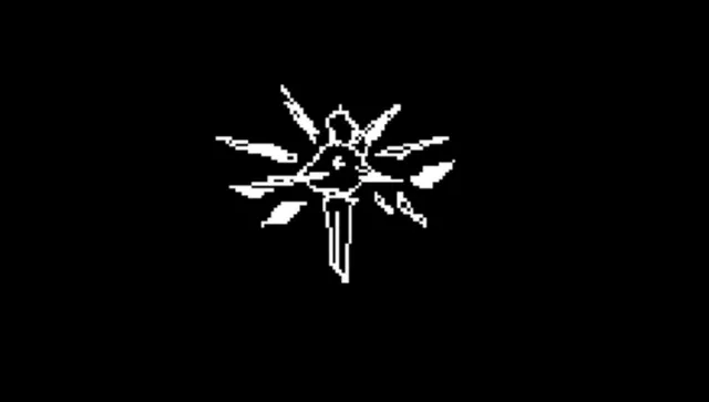 sacrament i. animation: a small winged white figure and sweeping white strokes flicker on black before the title sacrament i glitches in red