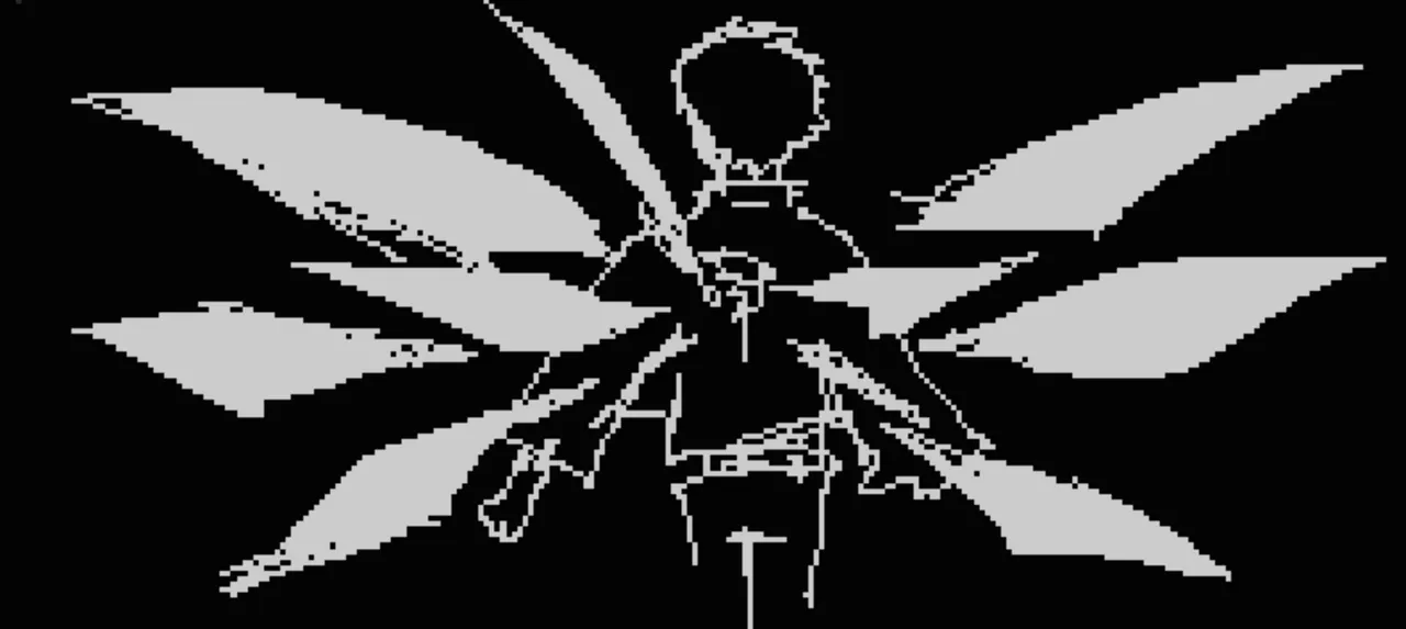 sacrament i. art: a rough white line drawing on black of a figure with many grey, blade-like wings spread around it
